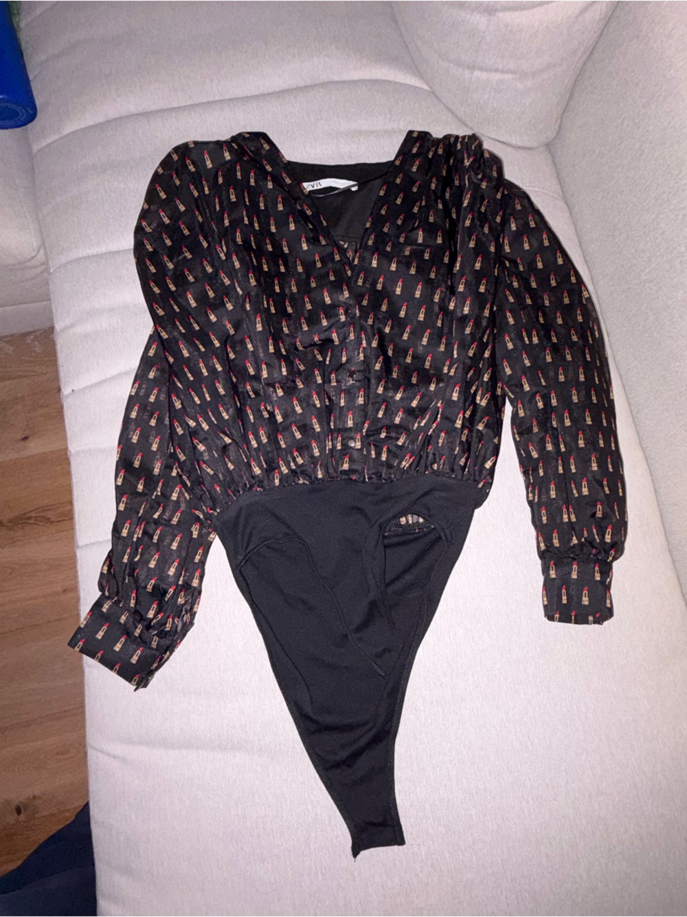 Zara Black Long-Sleeve Printed Bodysuit Jumpsuit